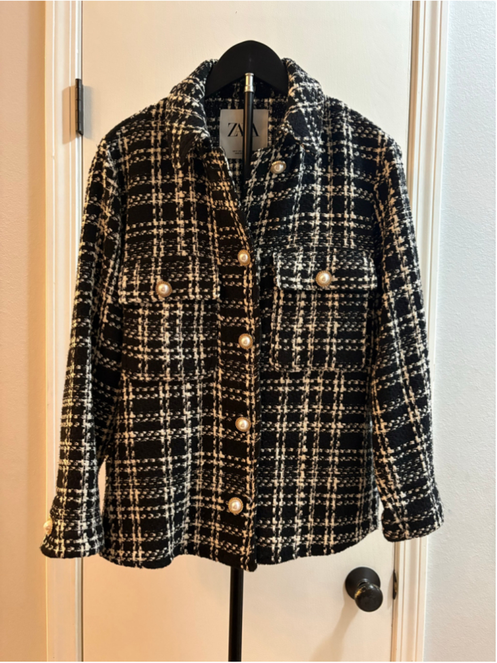 Zara Textured Plaid Tweed Shacket Faux Pearl Button Shirt Jacket Size S